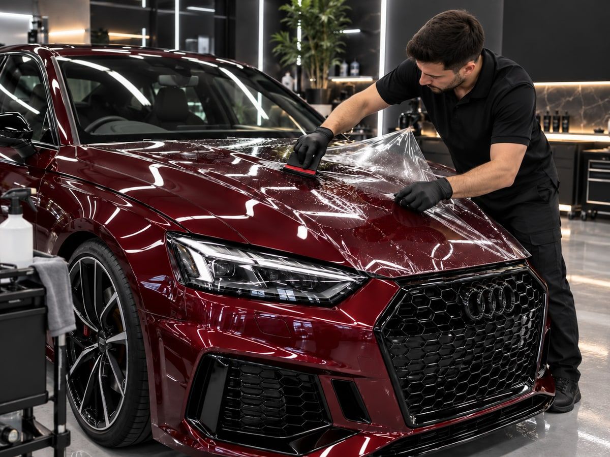 Bordo bir otomobilin kaputuna şeffaf PPF koruma filmi uygulanıyor